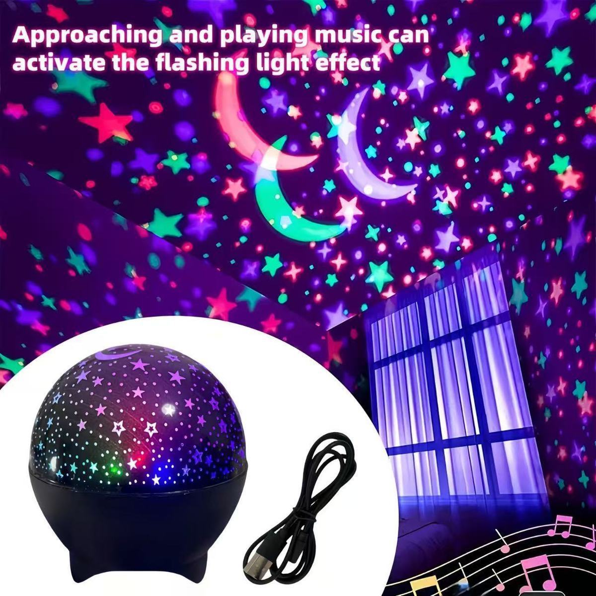 Sound Activated Star Moon Projector Light – USB Powered RGB Night Lamp for Kids Bedroom, Music Sync Flashing Effect | Taa ya Watoto ya Nyota na Mwezi (Star & Moon Kids Light)