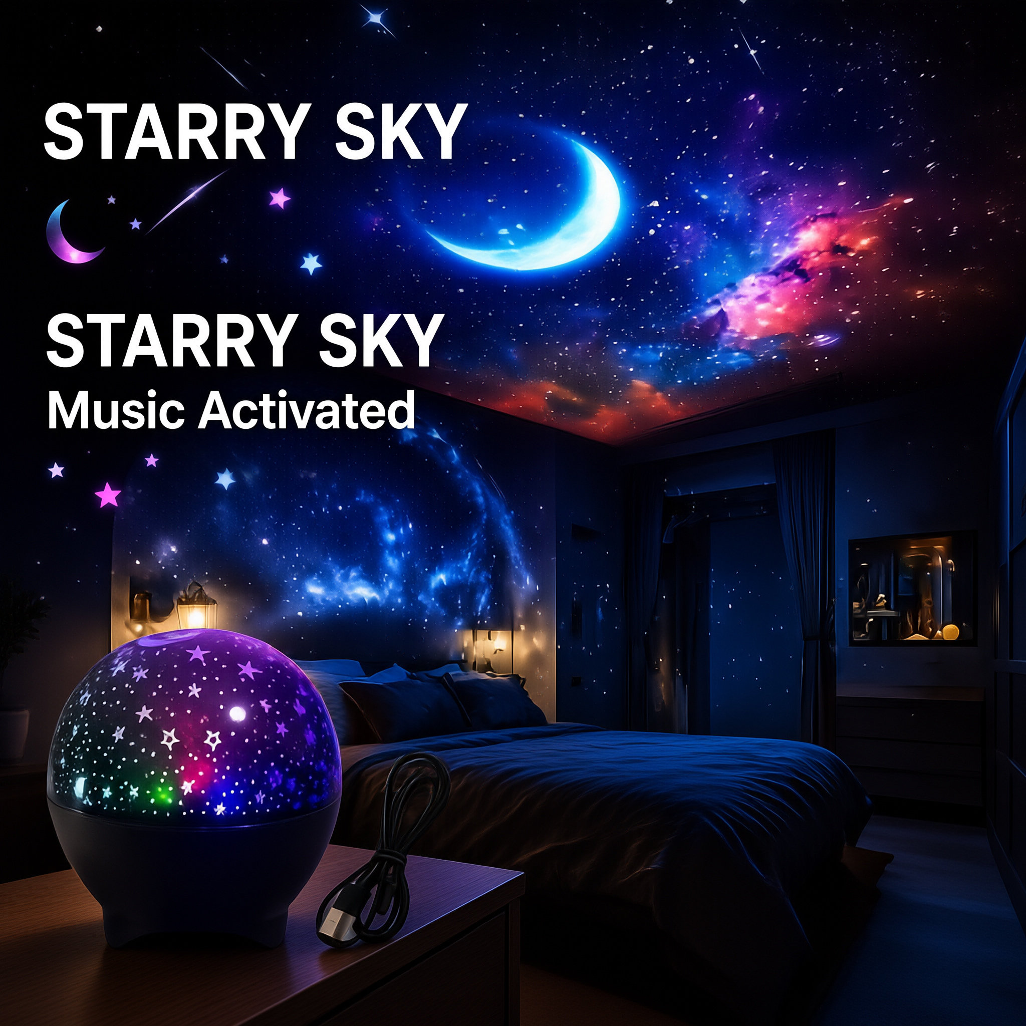 Sound Activated Star Moon Projector Light – USB Powered RGB Night Lamp for Kids Bedroom, Music Sync Flashing Effect | Taa ya Watoto ya Nyota na Mwezi (Star & Moon Kids Light)