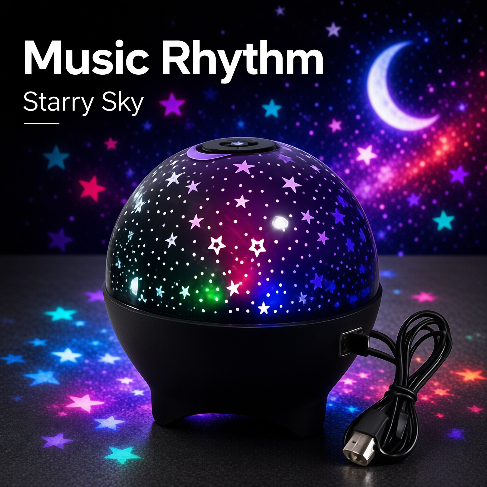 Sound Activated Star Moon Projector Light – USB Powered RGB Night Lamp for Kids Bedroom, Music Sync Flashing Effect | Taa ya Watoto ya Nyota na Mwezi (Star & Moon Kids Light)