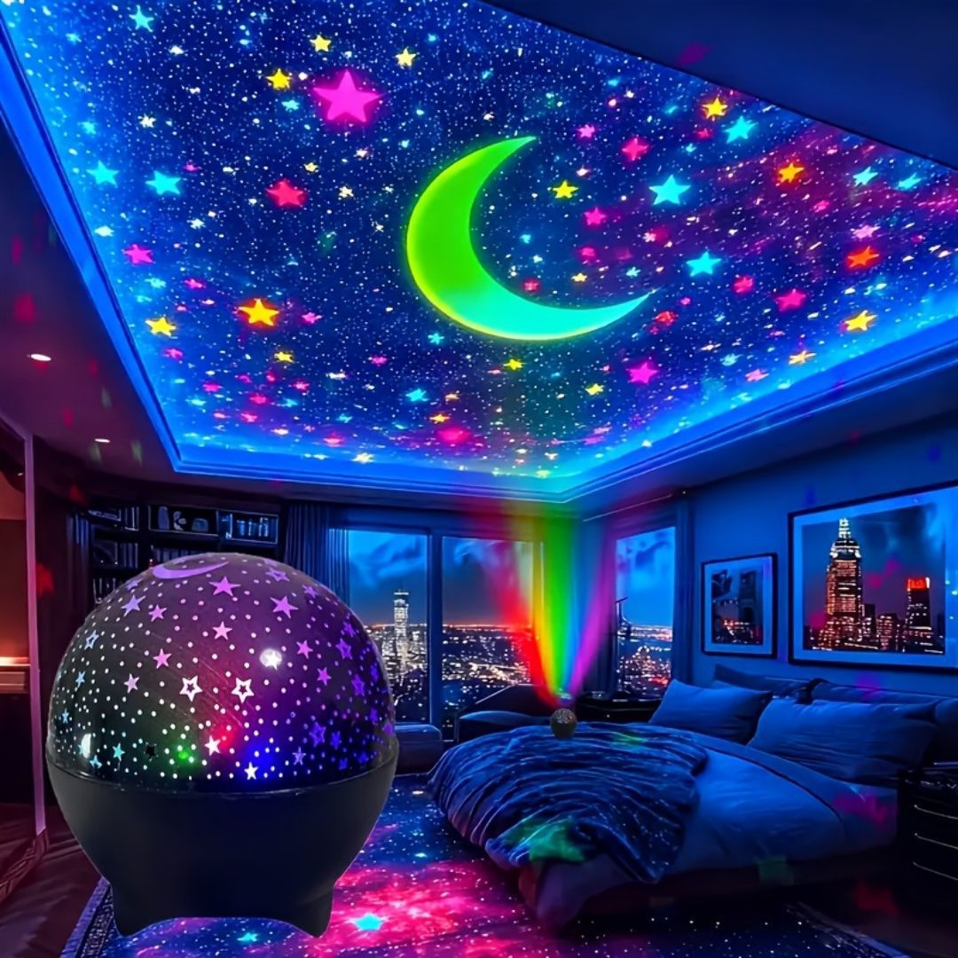 Sound Activated Star Moon Projector Light – USB Powered RGB Night Lamp for Kids Bedroom, Music Sync Flashing Effect | Taa ya Watoto ya Nyota na Mwezi (Star & Moon Kids Light)