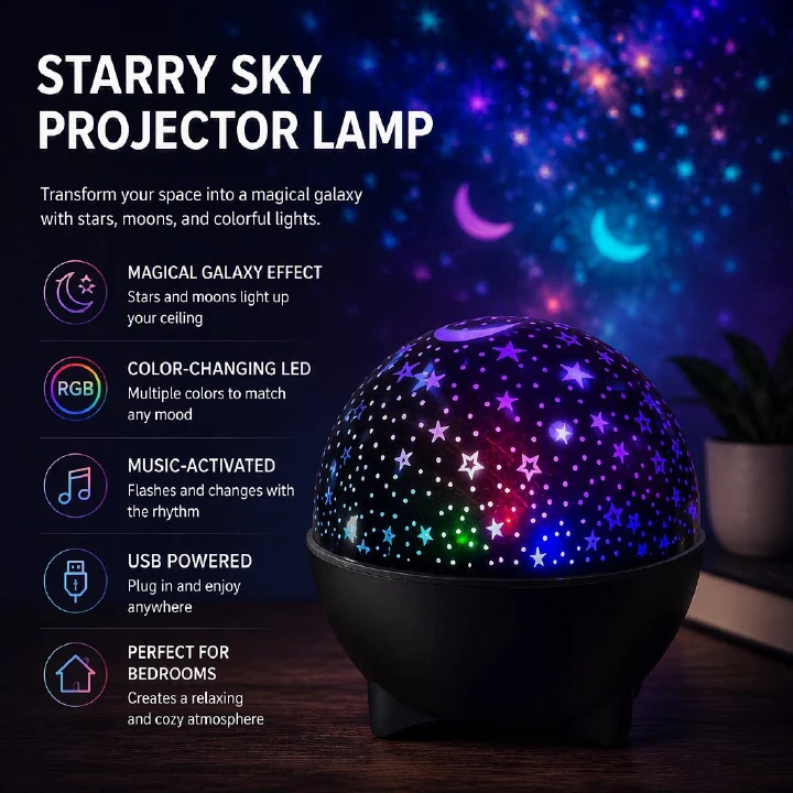 Sound Activated Star Moon Projector Light – USB Powered RGB Night Lamp for Kids Bedroom, Music Sync Flashing Effect | Taa ya Watoto ya Nyota na Mwezi (Star & Moon Kids Light)