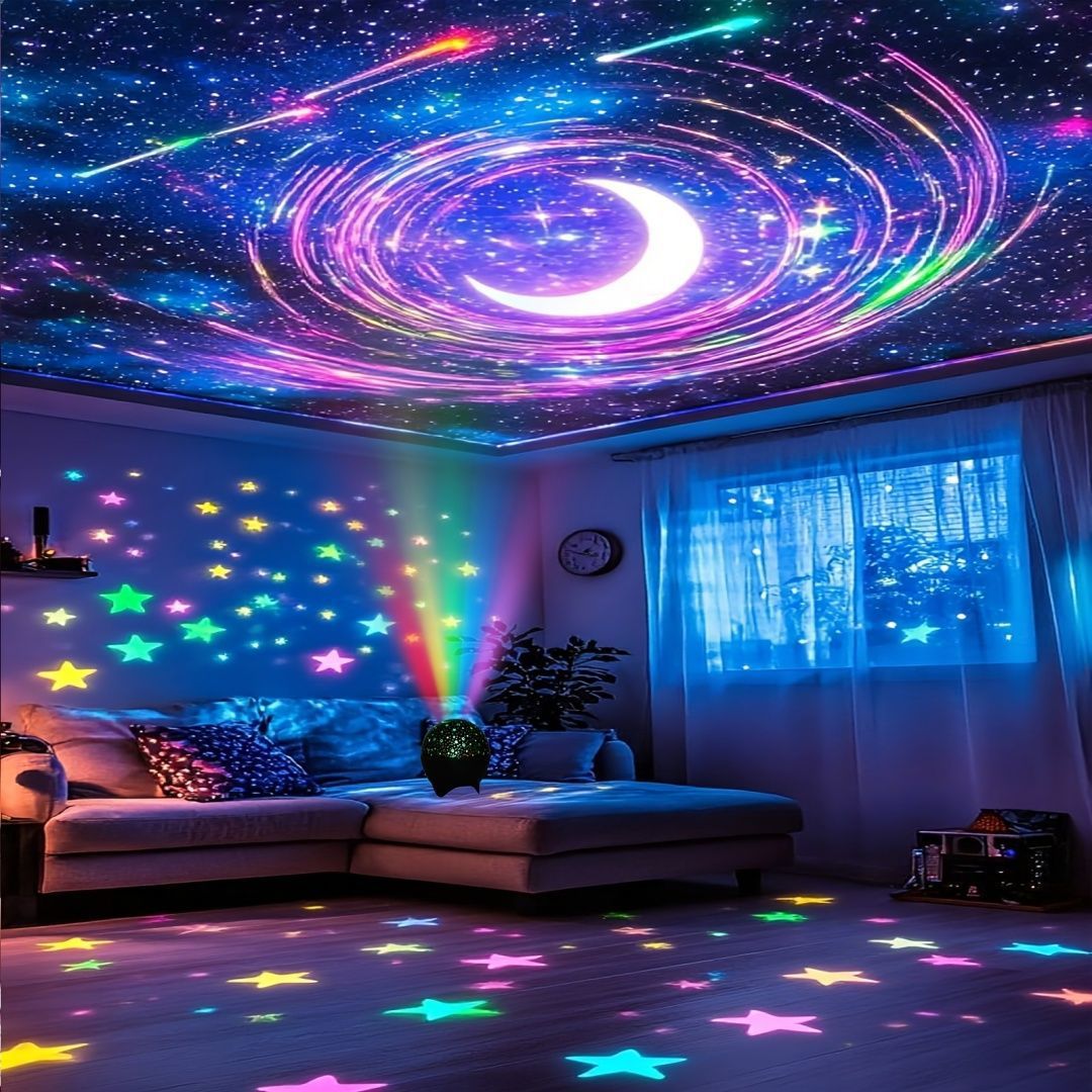 Sound Activated Star Moon Projector Light – USB Powered RGB Night Lamp for Kids Bedroom, Music Sync Flashing Effect | Taa ya Watoto ya Nyota na Mwezi (Star & Moon Kids Light)