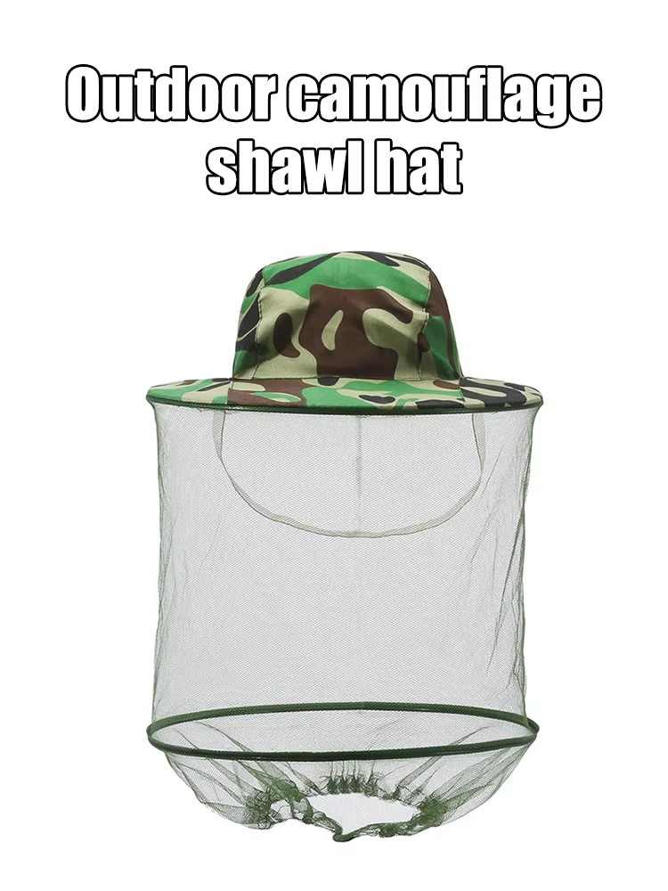 Outdoor Camouflage Shawl Cap Anti-Bee Bucket Mesh Hat Silk Satin Net Cap Neck Tightening for Beekeeping Hiking Fishing Camping