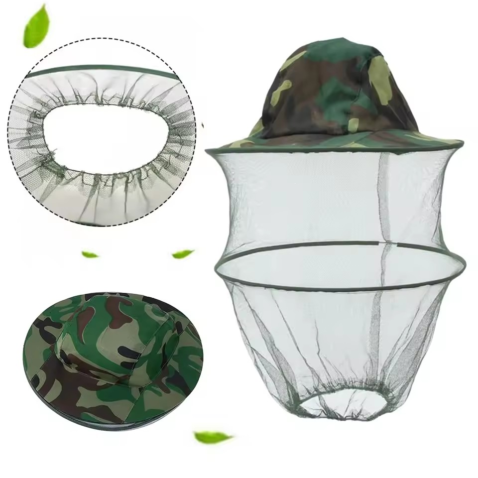 Outdoor Camouflage Shawl Cap Anti-Bee Bucket Mesh Hat Silk Satin Net Cap Neck Tightening for Beekeeping Hiking Fishing Camping