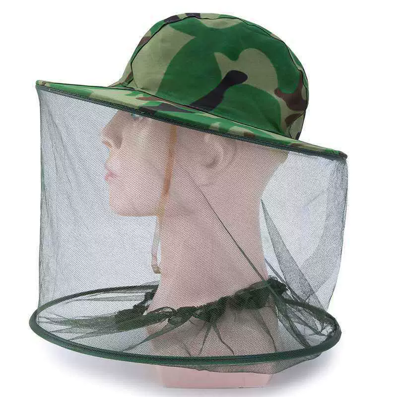 Outdoor Camouflage Shawl Cap Anti-Bee Bucket Mesh Hat Silk Satin Net Cap Neck Tightening for Beekeeping Hiking Fishing Camping