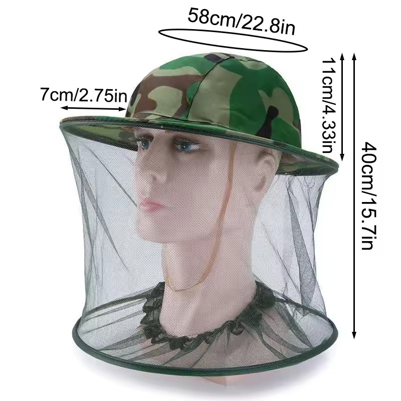 Outdoor Camouflage Shawl Cap Anti-Bee Bucket Mesh Hat Silk Satin Net Cap Neck Tightening for Beekeeping Hiking Fishing Camping