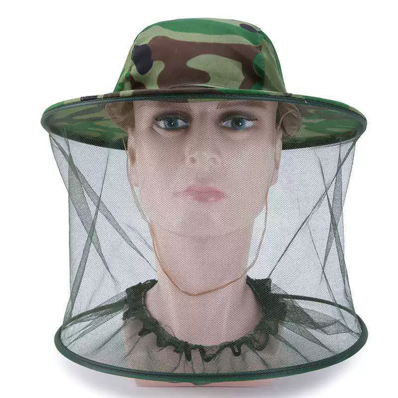 Outdoor Camouflage Shawl Cap Anti-Bee Bucket Mesh Hat Silk Satin Net Cap Neck Tightening for Beekeeping Hiking Fishing Camping