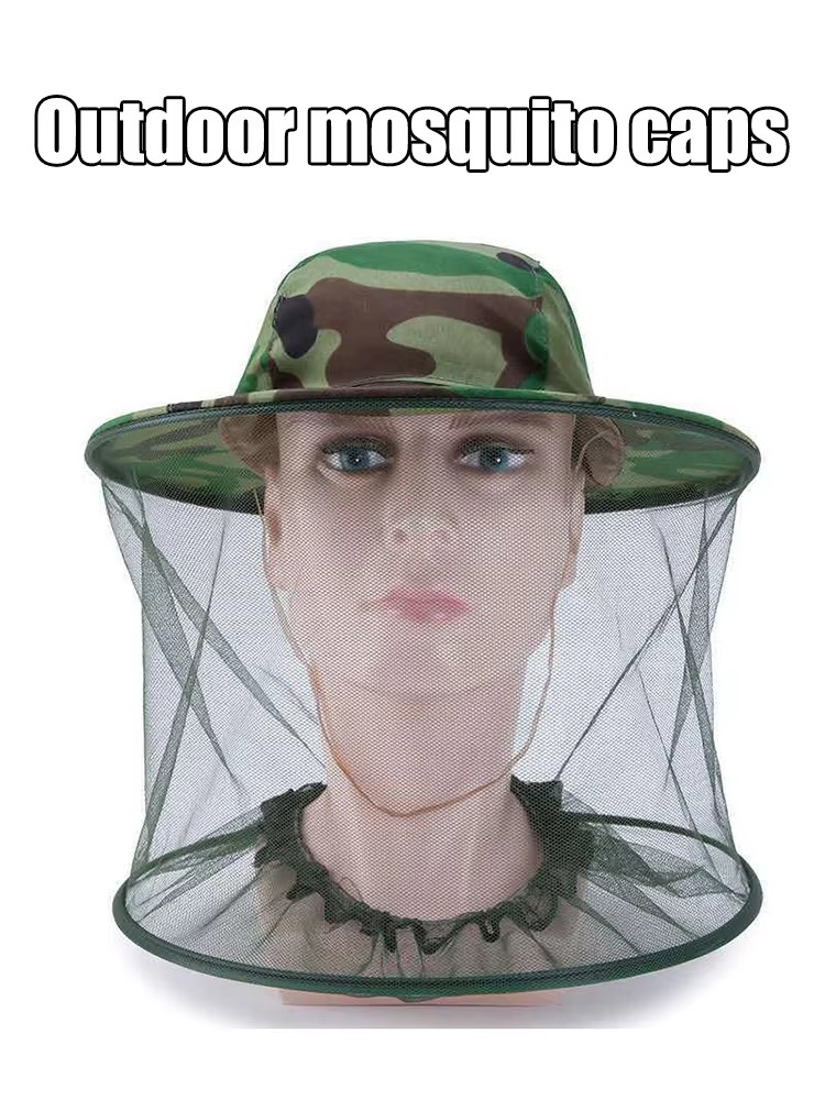 Outdoor Camouflage Shawl Cap Anti-Bee Bucket Mesh Hat Silk Satin Net Cap Neck Tightening for Beekeeping Hiking Fishing Camping