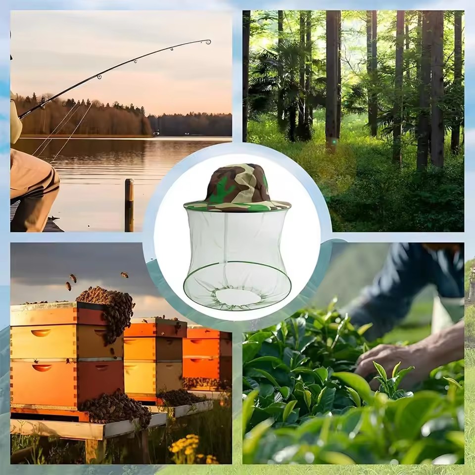 Outdoor Camouflage Shawl Cap Anti-Bee Bucket Mesh Hat Silk Satin Net Cap Neck Tightening for Beekeeping Hiking Fishing Camping