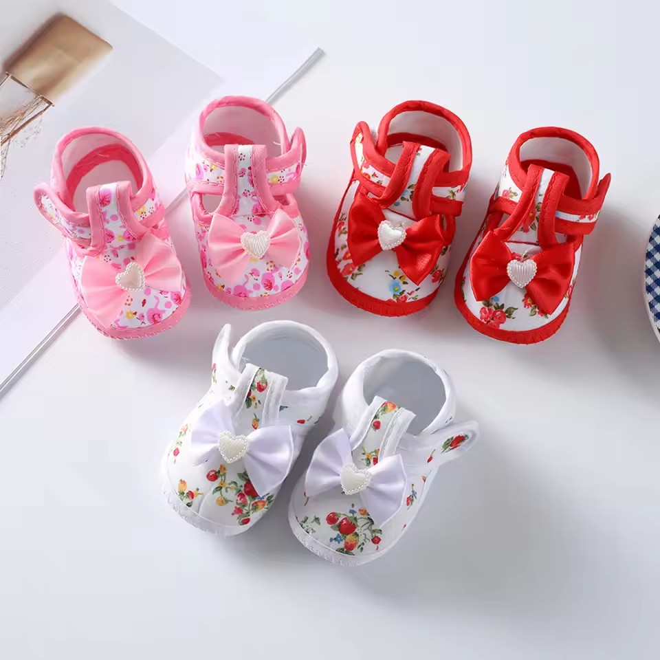 Baby Girls Flat Shoes, Soft Sole Bowknot Flower Print Non-slip Indoor Outdoor Toddler Shoes 0-12M