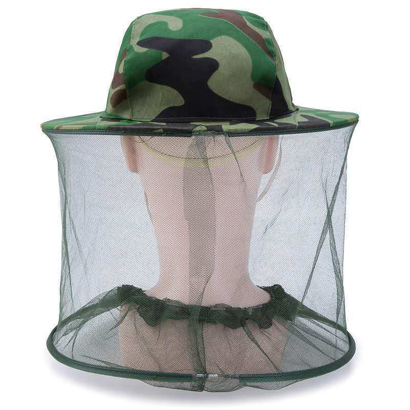 Outdoor Camouflage Shawl Cap Anti-Bee Bucket Mesh Hat Silk Satin Net Cap Neck Tightening for Beekeeping Hiking Fishing Camping