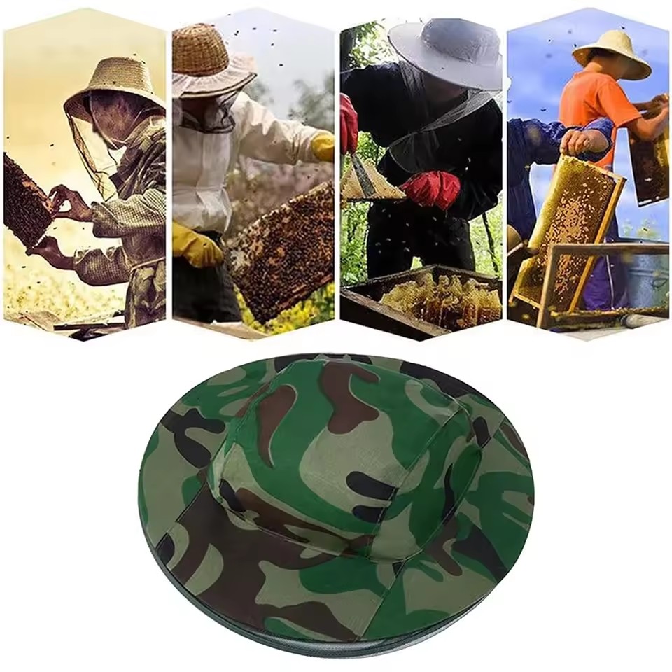 Outdoor Camouflage Shawl Cap Anti-Bee Bucket Mesh Hat Silk Satin Net Cap Neck Tightening for Beekeeping Hiking Fishing Camping