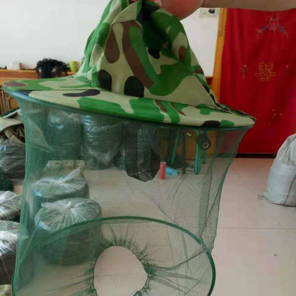Outdoor Camouflage Shawl Cap Anti-Bee Bucket Mesh Hat Silk Satin Net Cap Neck Tightening for Beekeeping Hiking Fishing Camping
