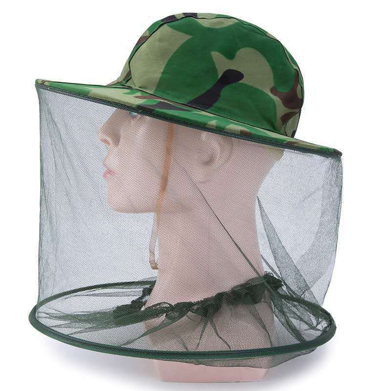 Outdoor Camouflage Shawl Cap Anti-Bee Bucket Mesh Hat Silk Satin Net Cap Neck Tightening for Beekeeping Hiking Fishing Camping