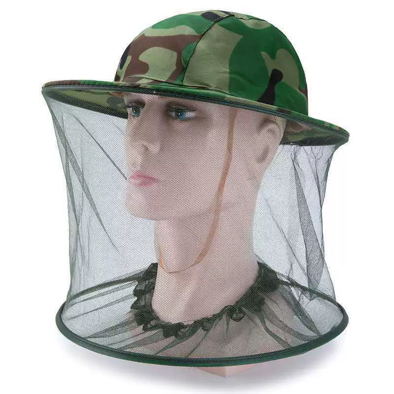 Outdoor Camouflage Shawl Cap Anti-Bee Bucket Mesh Hat Silk Satin Net Cap Neck Tightening for Beekeeping Hiking Fishing Camping