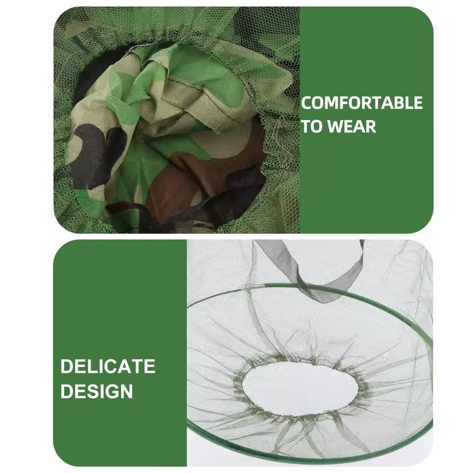 Outdoor Camouflage Shawl Cap Anti-Bee Bucket Mesh Hat Silk Satin Net Cap Neck Tightening for Beekeeping Hiking Fishing Camping