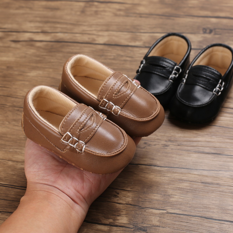 Adorable Black & Brown Baby Beginner Loafers - Non-Slip Soft Sole, Casual Low-Top Infant Shoes with Decorative Stitching, Lightw