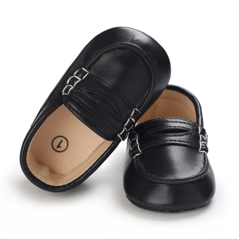 Adorable Black & Brown Baby Beginner Loafers - Non-Slip Soft Sole, Casual Low-Top Infant Shoes with Decorative Stitching, Lightw