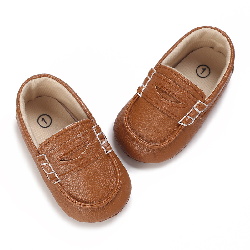 Adorable Black & Brown Baby Beginner Loafers - Non-Slip Soft Sole, Casual Low-Top Infant Shoes with Decorative Stitching, Lightw