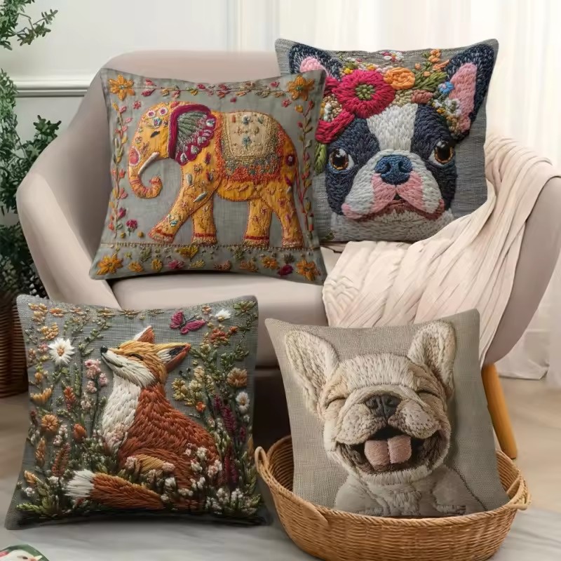 VIKAMA Embroidered Patchwork Cute Pet Blanket for Living Room Sofa Cushion Cover, Children's Room Pillow Cover, Home Decoration