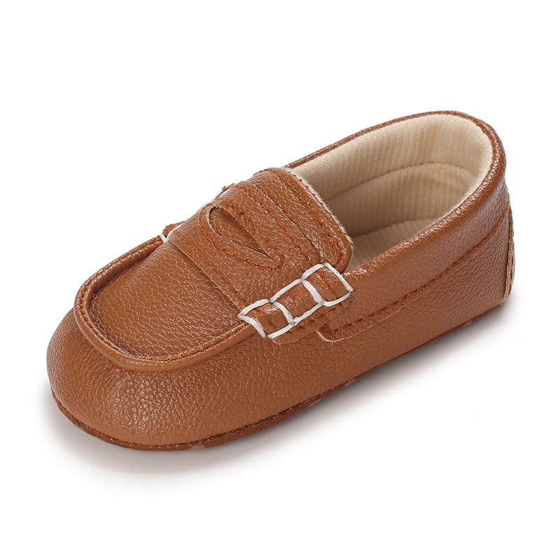Adorable Black & Brown Baby Beginner Loafers - Non-Slip Soft Sole, Casual Low-Top Infant Shoes with Decorative Stitching, Lightw