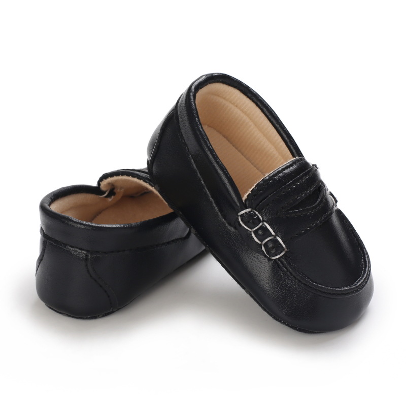Adorable Black & Brown Baby Beginner Loafers - Non-Slip Soft Sole, Casual Low-Top Infant Shoes with Decorative Stitching, Lightw