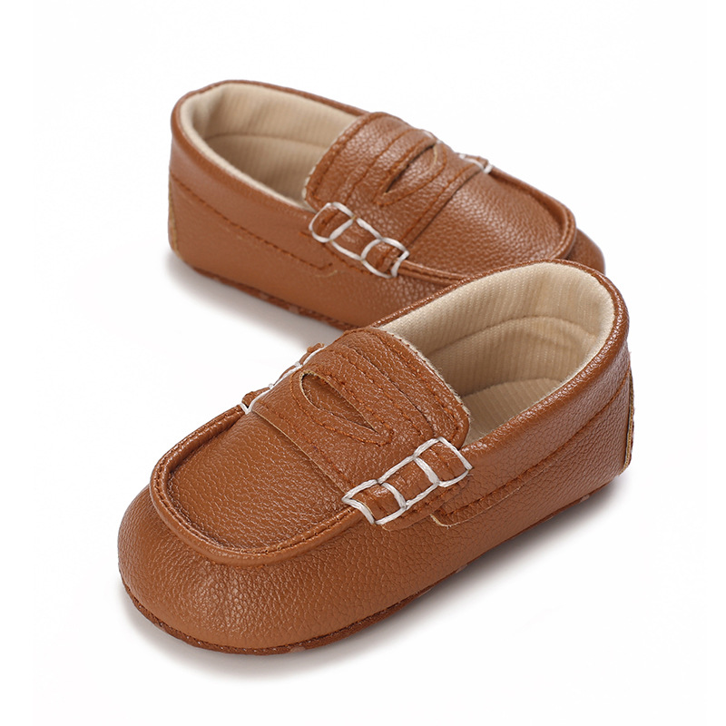 Adorable Black & Brown Baby Beginner Loafers - Non-Slip Soft Sole, Casual Low-Top Infant Shoes with Decorative Stitching, Lightw