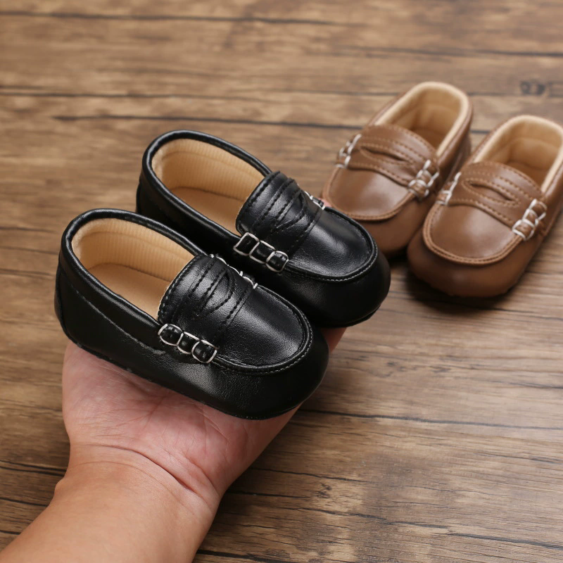 Adorable Black & Brown Baby Beginner Loafers - Non-Slip Soft Sole, Casual Low-Top Infant Shoes with Decorative Stitching, Lightw