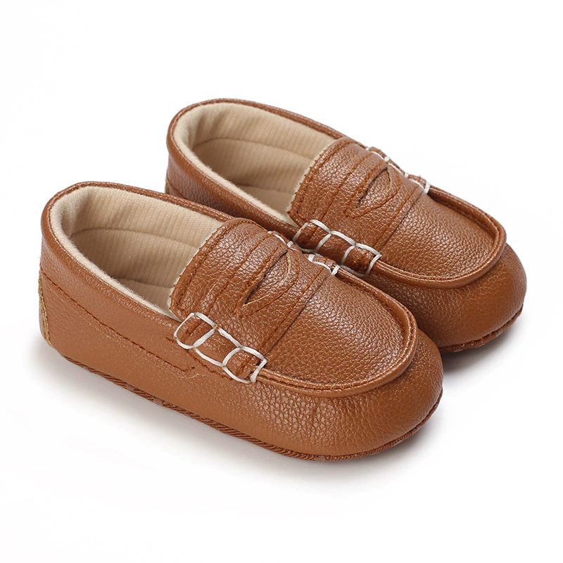 Adorable Black & Brown Baby Beginner Loafers - Non-Slip Soft Sole, Casual Low-Top Infant Shoes with Decorative Stitching, Lightw