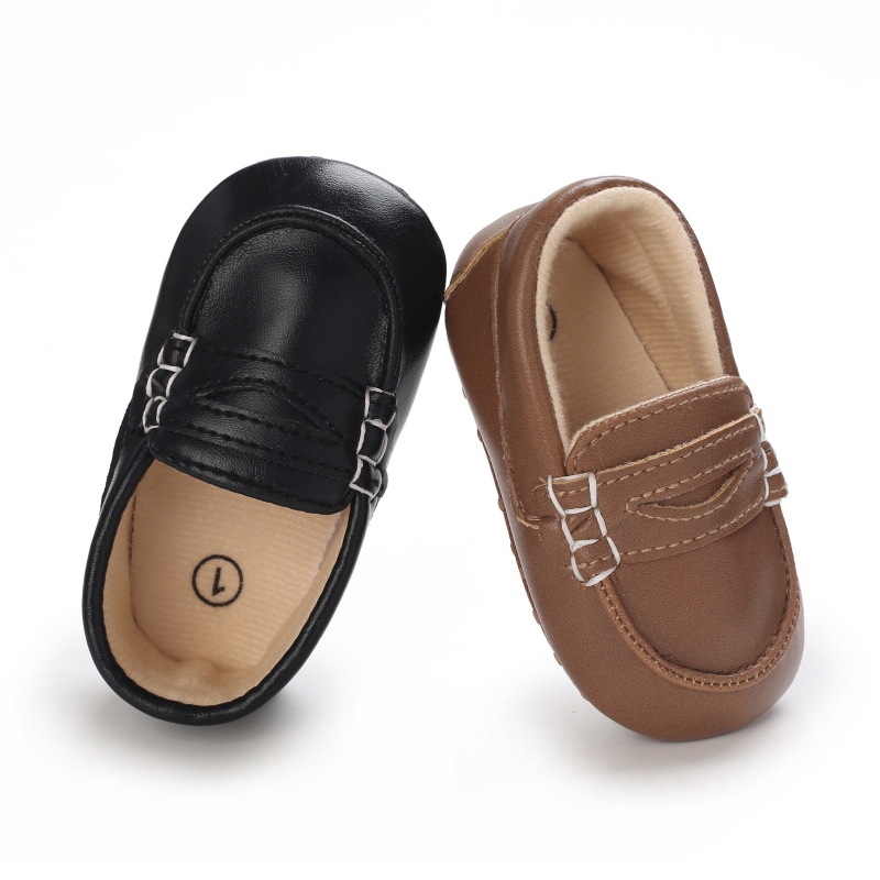 Adorable Black & Brown Baby Beginner Loafers - Non-Slip Soft Sole, Casual Low-Top Infant Shoes with Decorative Stitching, Lightw