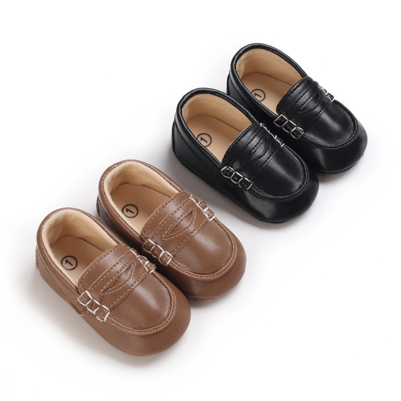 Adorable Black & Brown Baby Beginner Loafers - Non-Slip Soft Sole, Casual Low-Top Infant Shoes with Decorative Stitching, Lightw