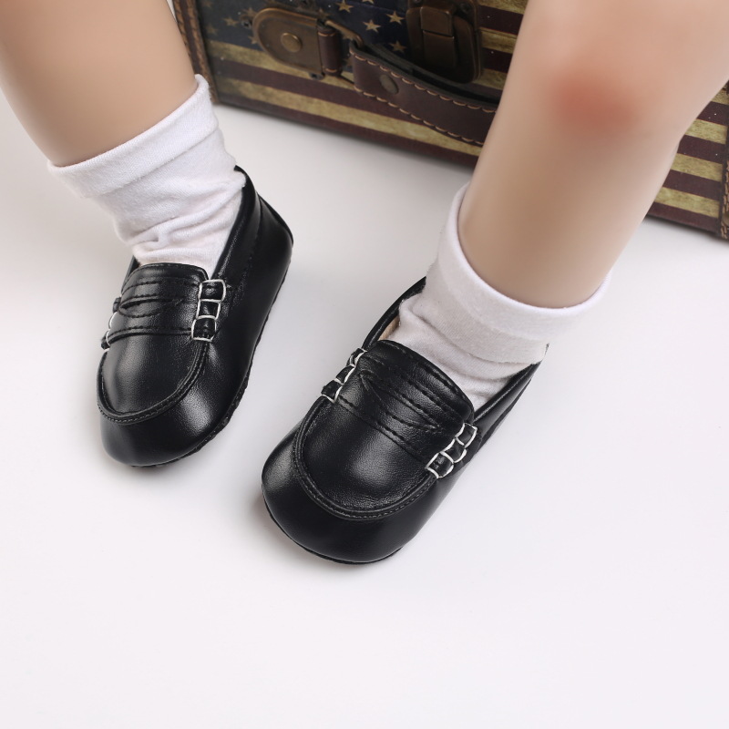 Adorable Black & Brown Baby Beginner Loafers - Non-Slip Soft Sole, Casual Low-Top Infant Shoes with Decorative Stitching, Lightw