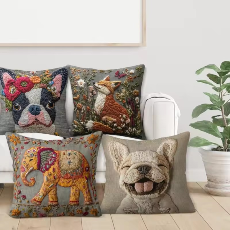 VIKAMA Embroidered Patchwork Cute Pet Blanket for Living Room Sofa Cushion Cover, Children's Room Pillow Cover, Home Decoration