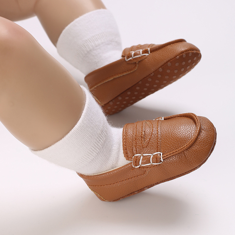 Adorable Black & Brown Baby Beginner Loafers - Non-Slip Soft Sole, Casual Low-Top Infant Shoes with Decorative Stitching, Lightw
