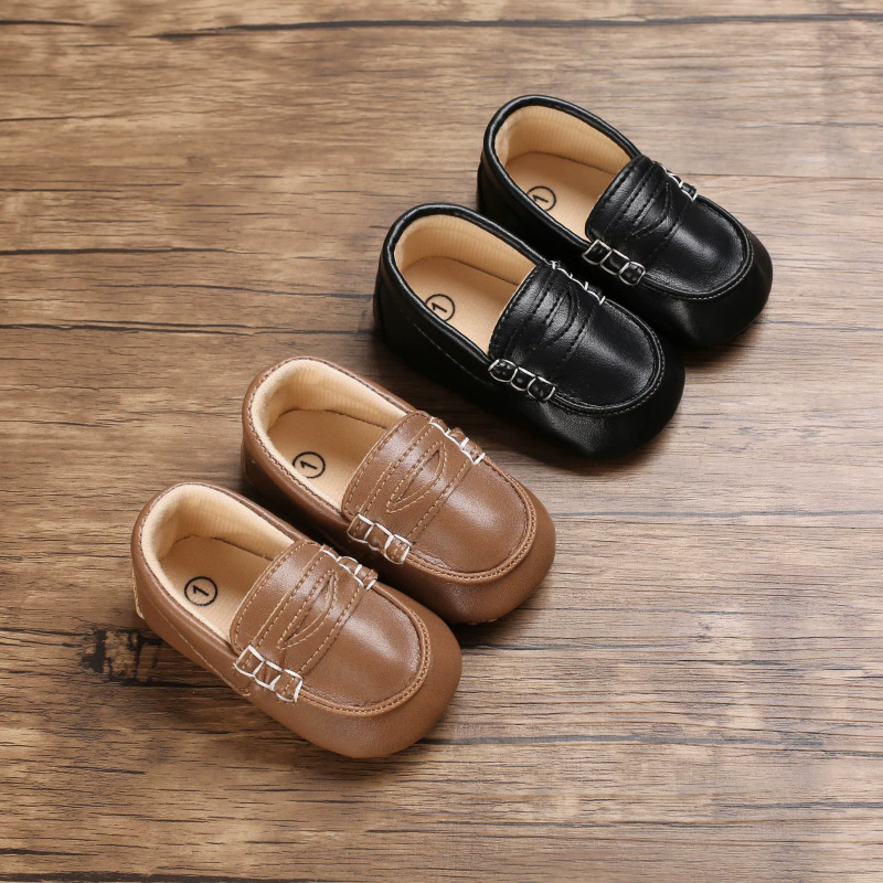 Adorable Black & Brown Baby Beginner Loafers - Non-Slip Soft Sole, Casual Low-Top Infant Shoes with Decorative Stitching, Lightw