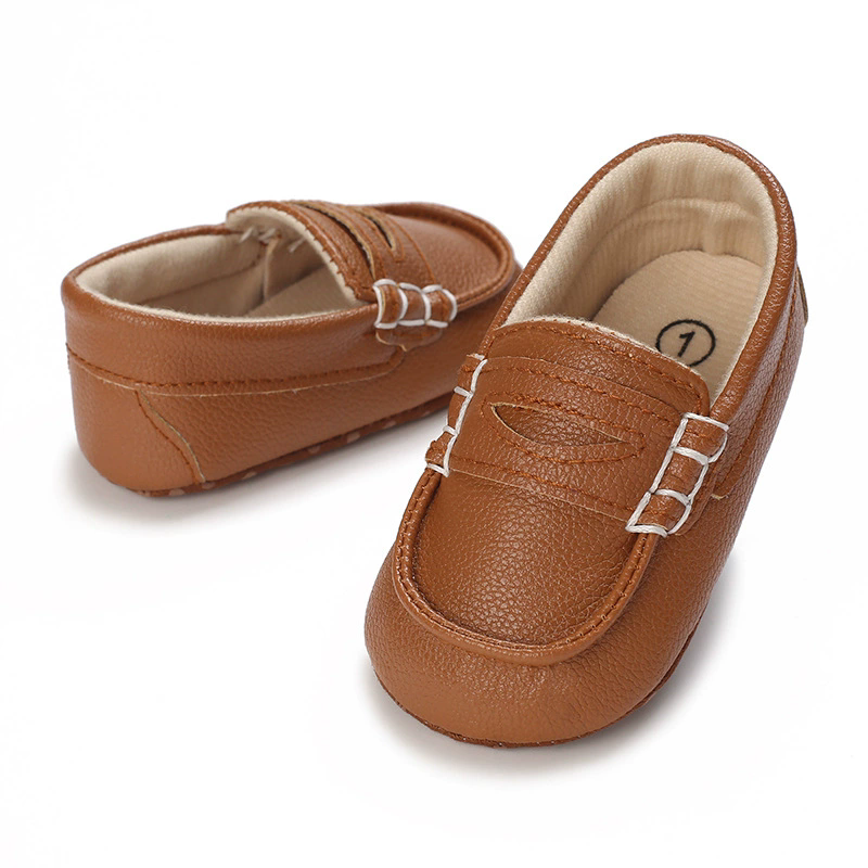Adorable Black & Brown Baby Beginner Loafers - Non-Slip Soft Sole, Casual Low-Top Infant Shoes with Decorative Stitching, Lightw