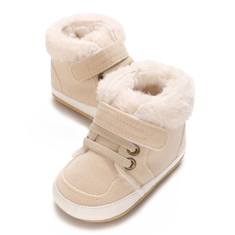 Winter new solid color plush boots for infants and young children, warm, soft, non slip rubber soles, walking shoes