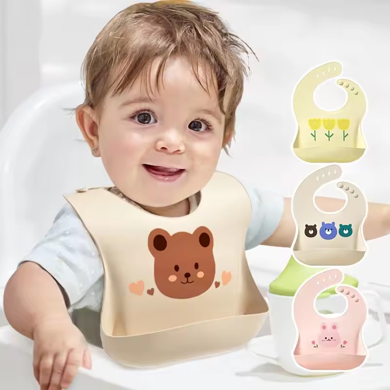 Baby Bib Waterproof Soft Silicone Scarf Cartoon Bear Cute Print Adjustable Bibs Burp Cloths Baby Feeding Aprons Kids Eating