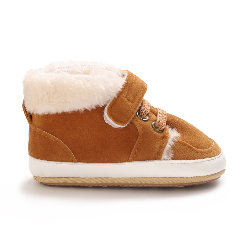 Winter new solid color plush boots for infants and young children, warm, soft, non slip rubber soles, walking shoes