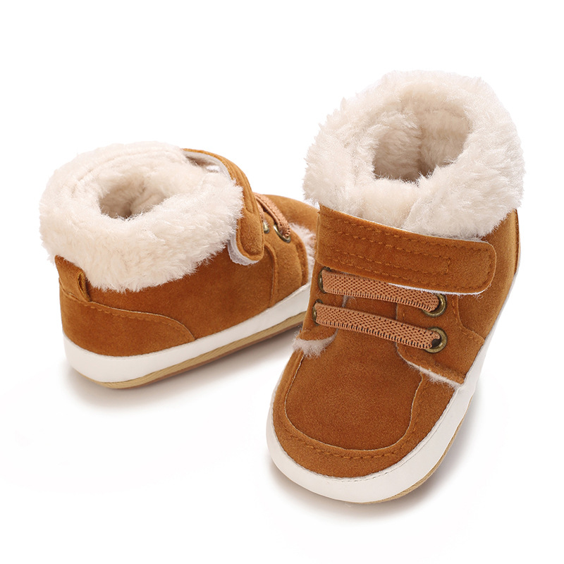 Winter new solid color plush boots for infants and young children, warm, soft, non slip rubber soles, walking shoes