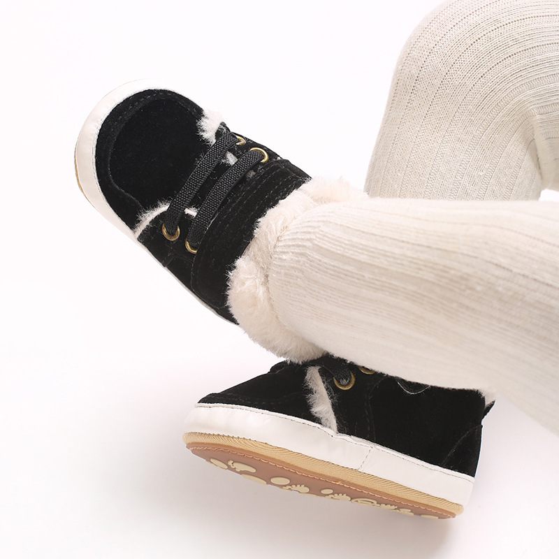 Winter new solid color plush boots for infants and young children, warm, soft, non slip rubber soles, walking shoes
