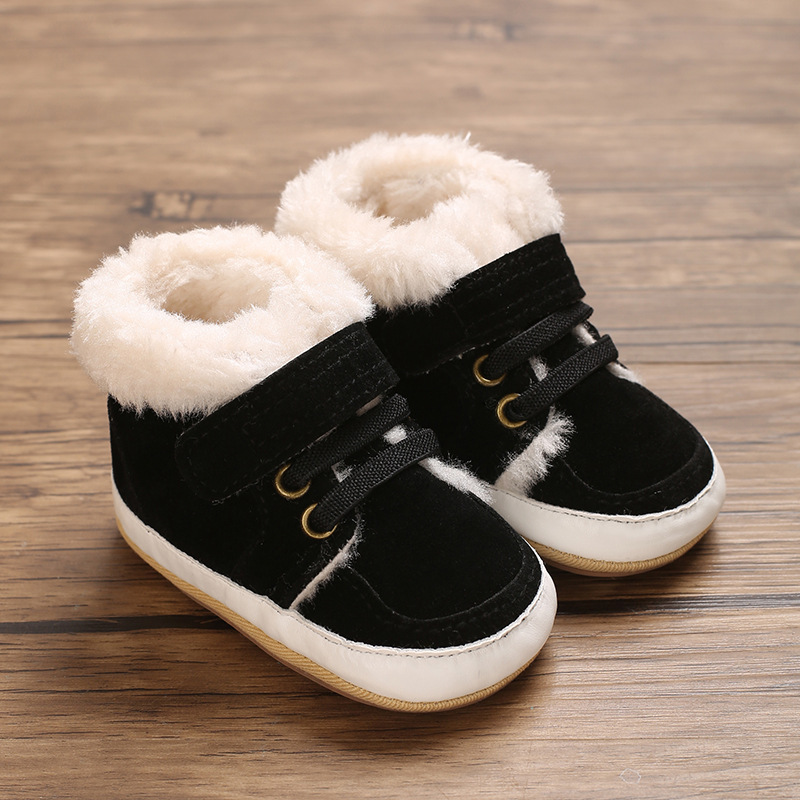Winter new solid color plush boots for infants and young children, warm, soft, non slip rubber soles, walking shoes