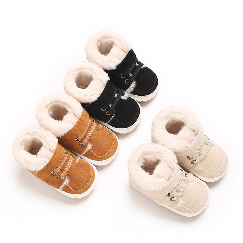 Winter new solid color plush boots for infants and young children, warm, soft, non slip rubber soles, walking shoes
