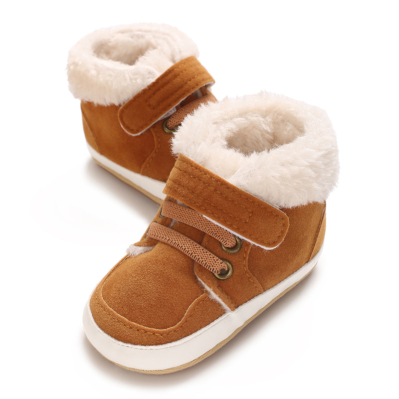 Winter new solid color plush boots for infants and young children, warm, soft, non slip rubber soles, walking shoes