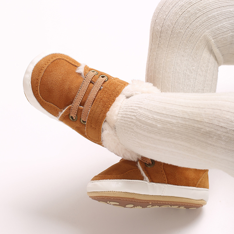 Winter new solid color plush boots for infants and young children, warm, soft, non slip rubber soles, walking shoes