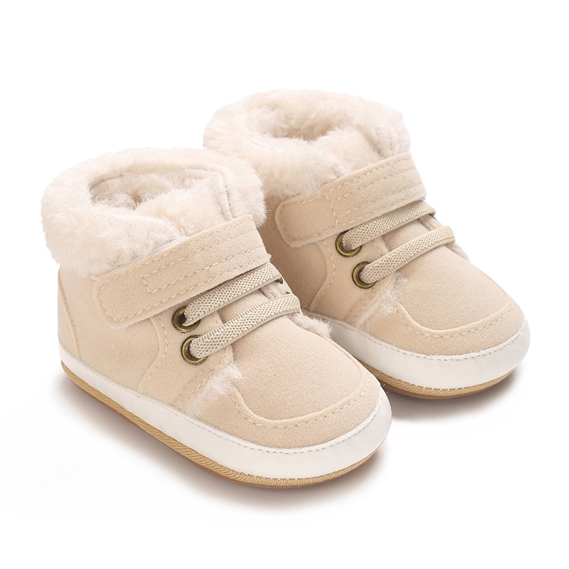 Winter new solid color plush boots for infants and young children, warm, soft, non slip rubber soles, walking shoes