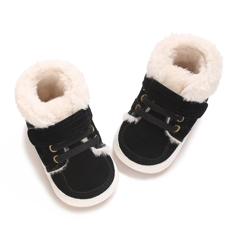 Winter new solid color plush boots for infants and young children, warm, soft, non slip rubber soles, walking shoes