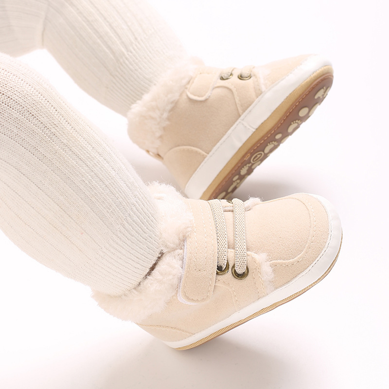 Winter new solid color plush boots for infants and young children, warm, soft, non slip rubber soles, walking shoes