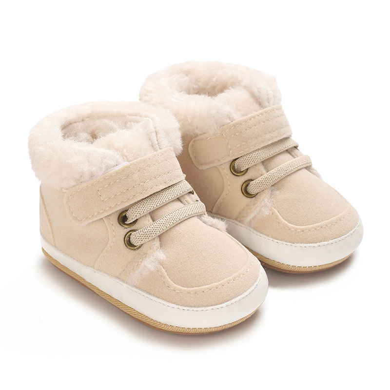 Winter new solid color plush boots for infants and young children, warm, soft, non slip rubber soles, walking shoes