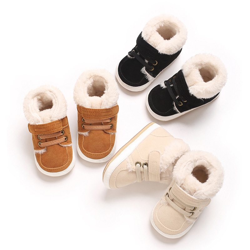 Winter new solid color plush boots for infants and young children, warm, soft, non slip rubber soles, walking shoes